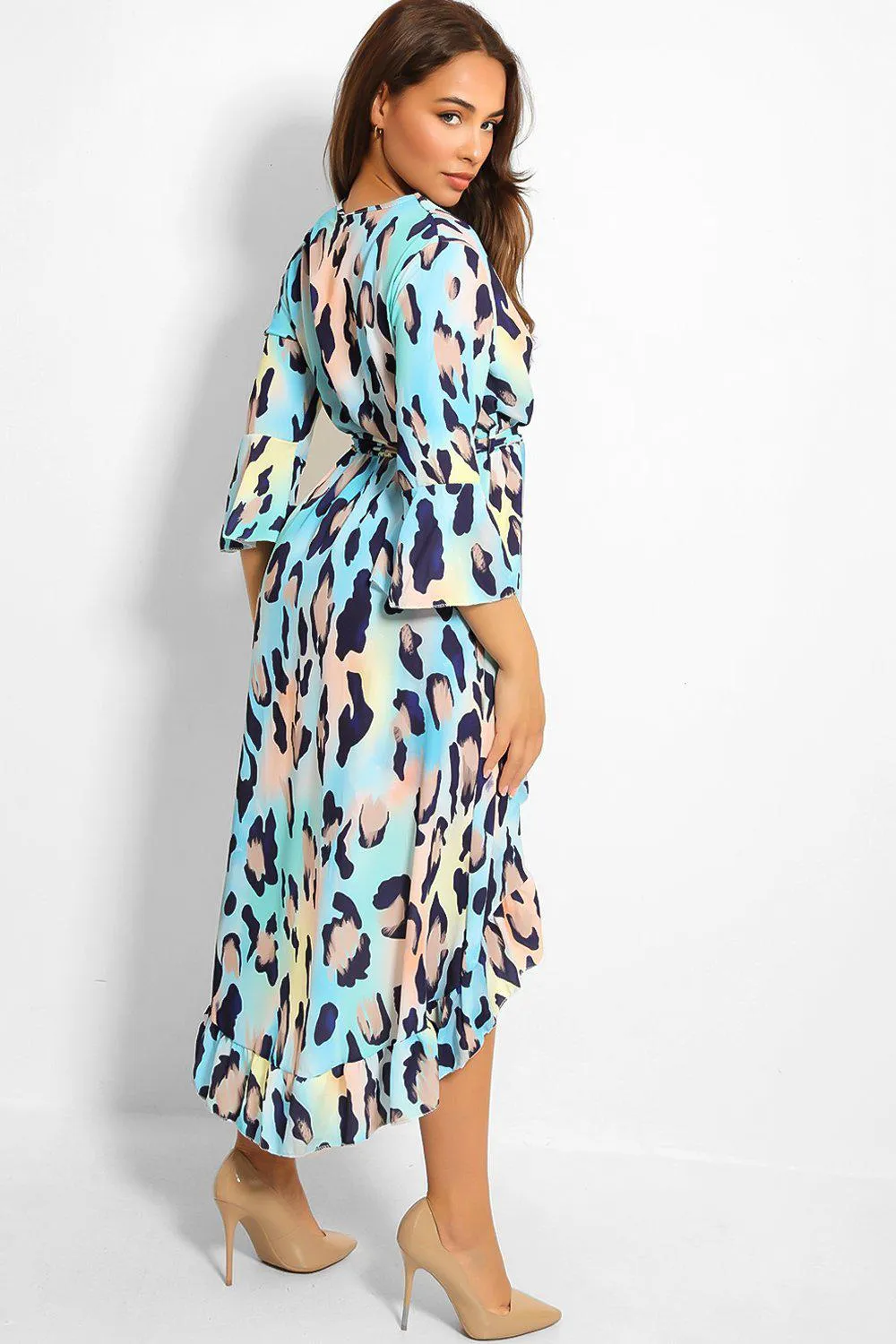 Blue Leopard Print Waist-Belt Wrap Front Dress