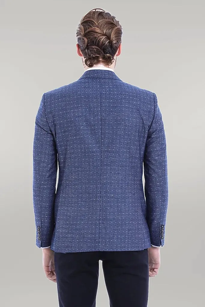 Blue Linen Dot Patterned Jacket | Wessi