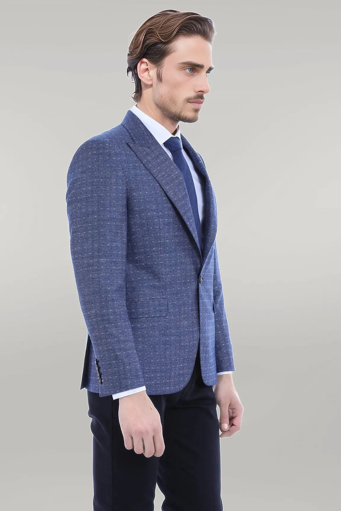 Blue Linen Dot Patterned Jacket | Wessi