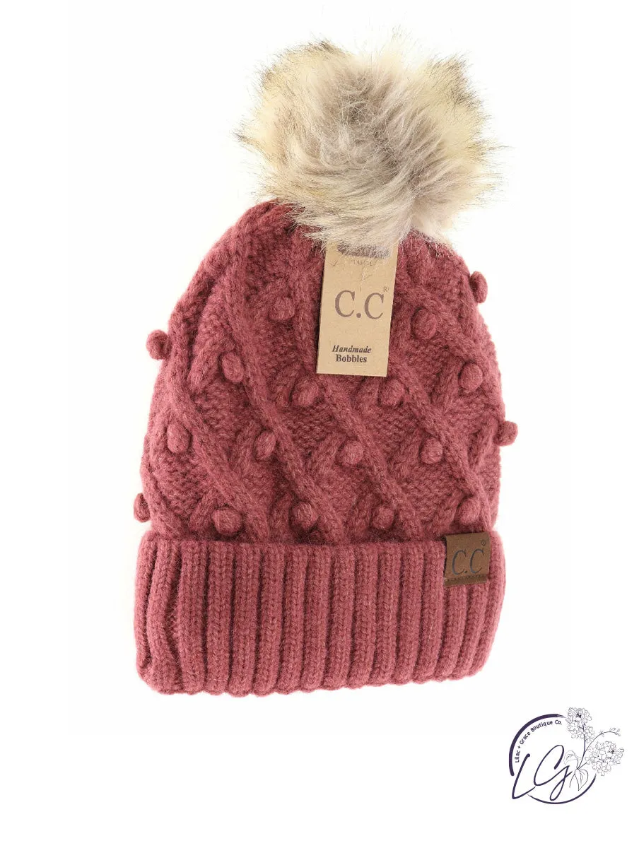 Bobble Knit Fur Pom CC Beanie