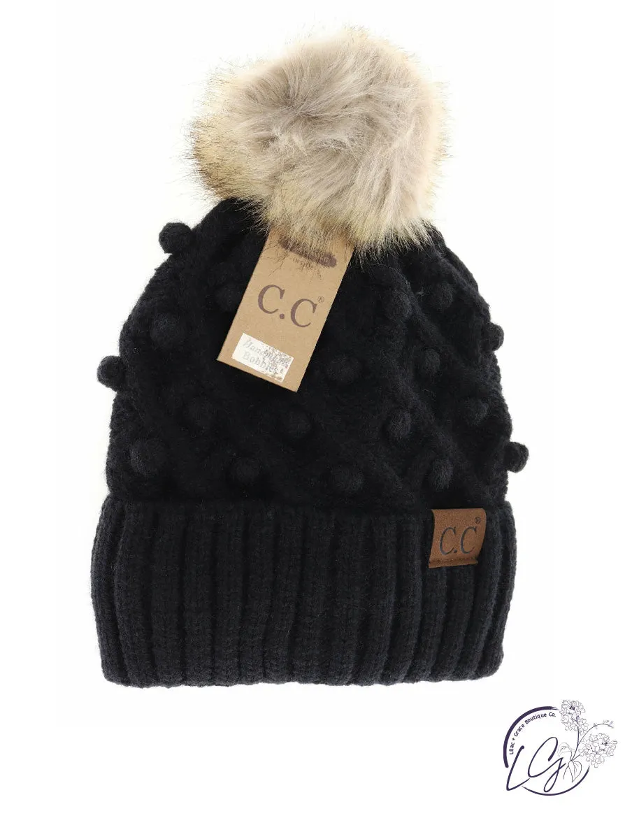 Bobble Knit Fur Pom CC Beanie