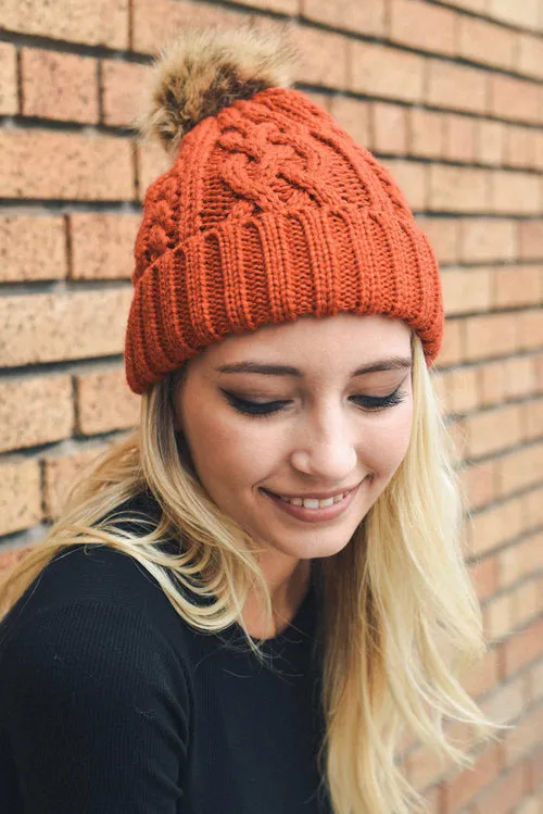 Cable Knit Beanie with Faux Fur Pom