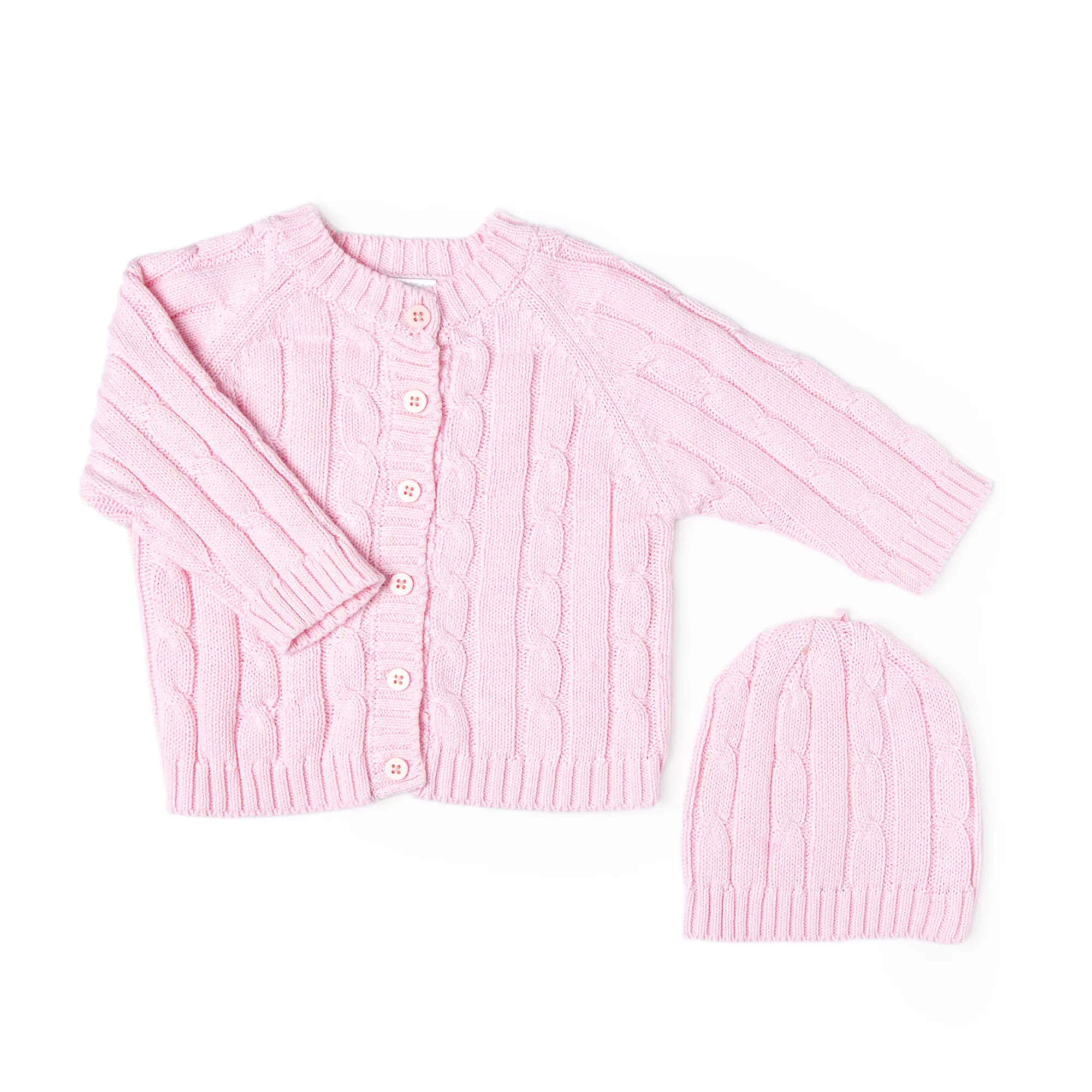 Cable Knit Cardigan and Hat Gift Set - Pink