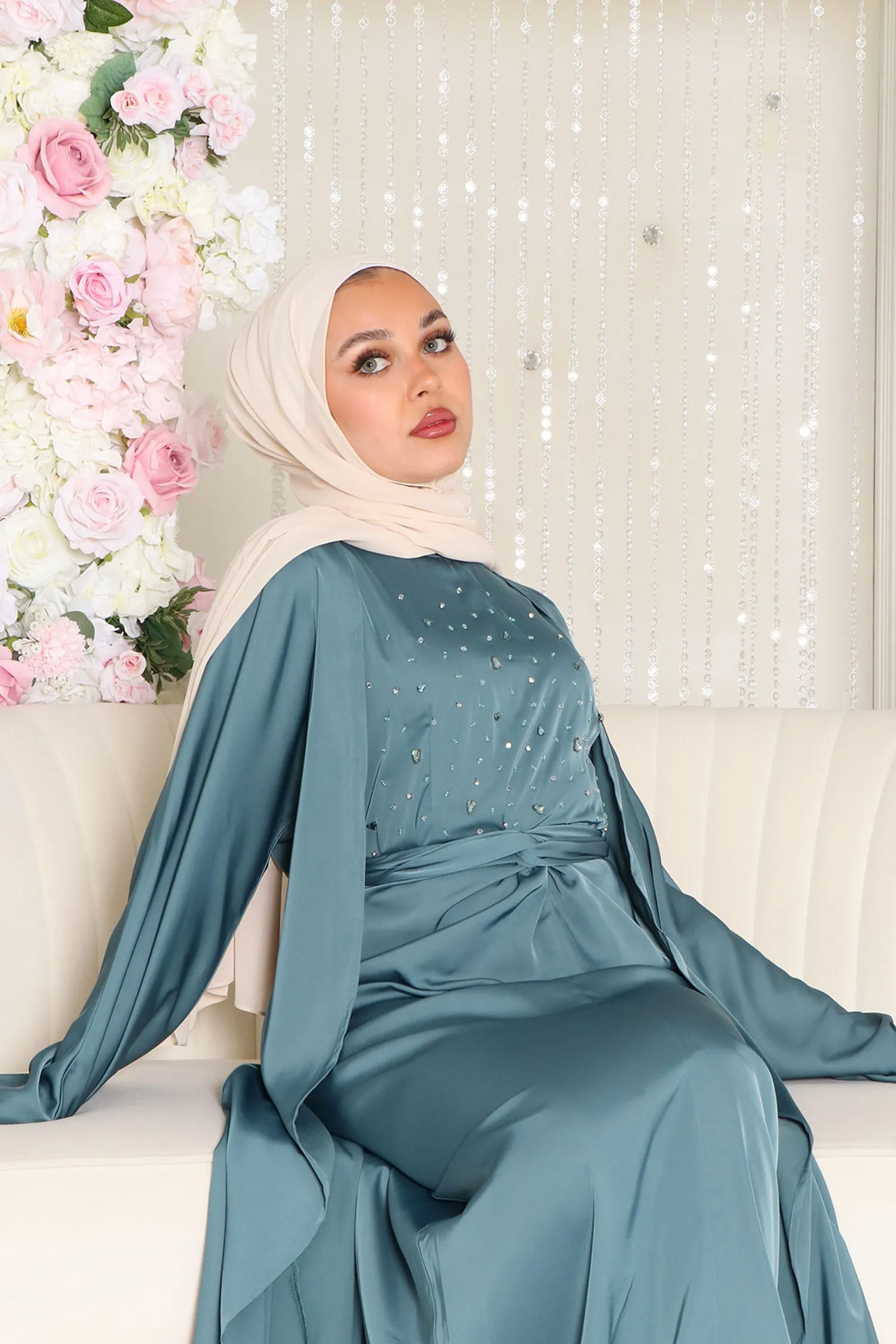 Celene Beaded Wrap Abaya Set- Teal