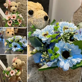 Child graveside memorial teddy with pink or blue flower arrangement