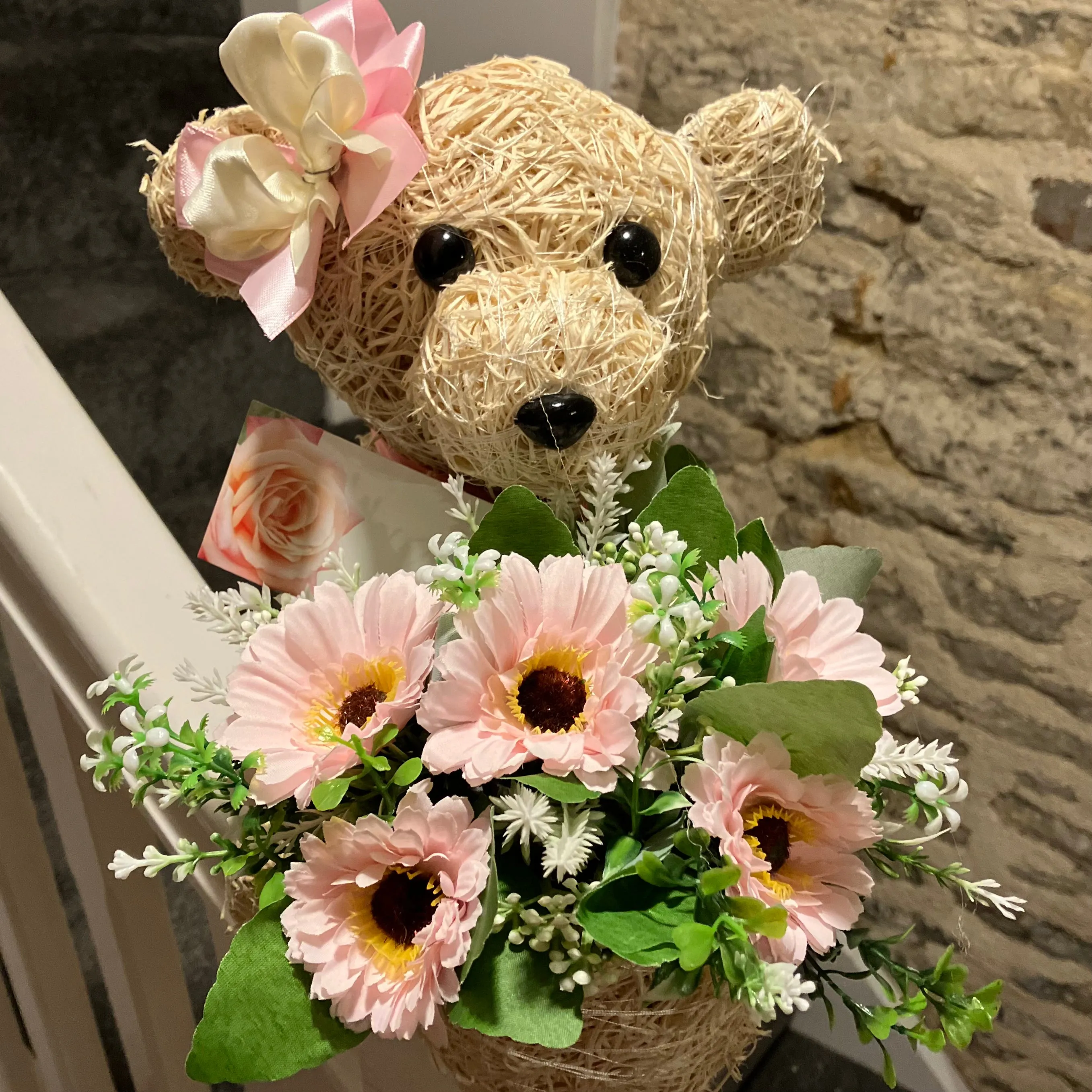 Child graveside memorial teddy with pink or blue flower arrangement