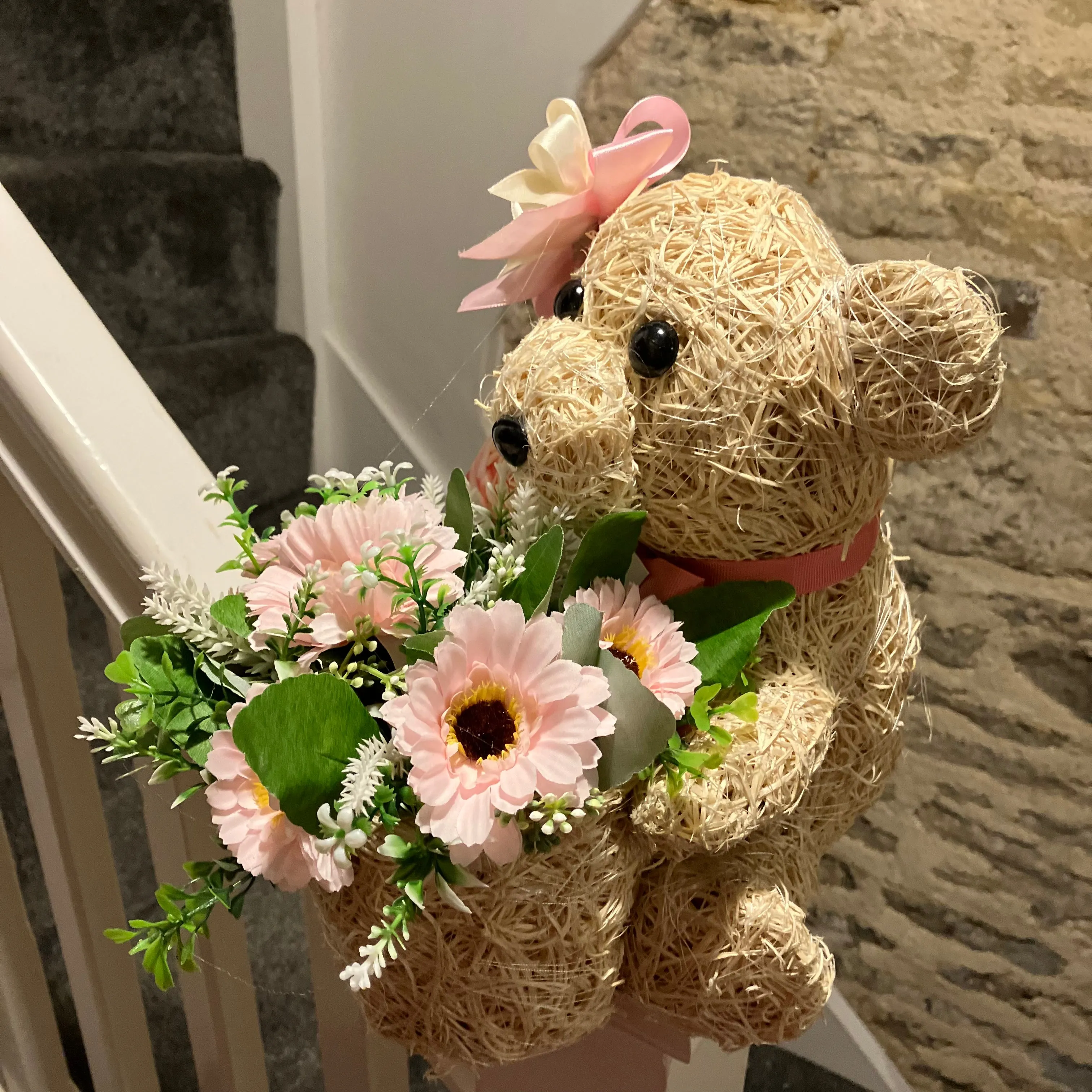 Child graveside memorial teddy with pink or blue flower arrangement