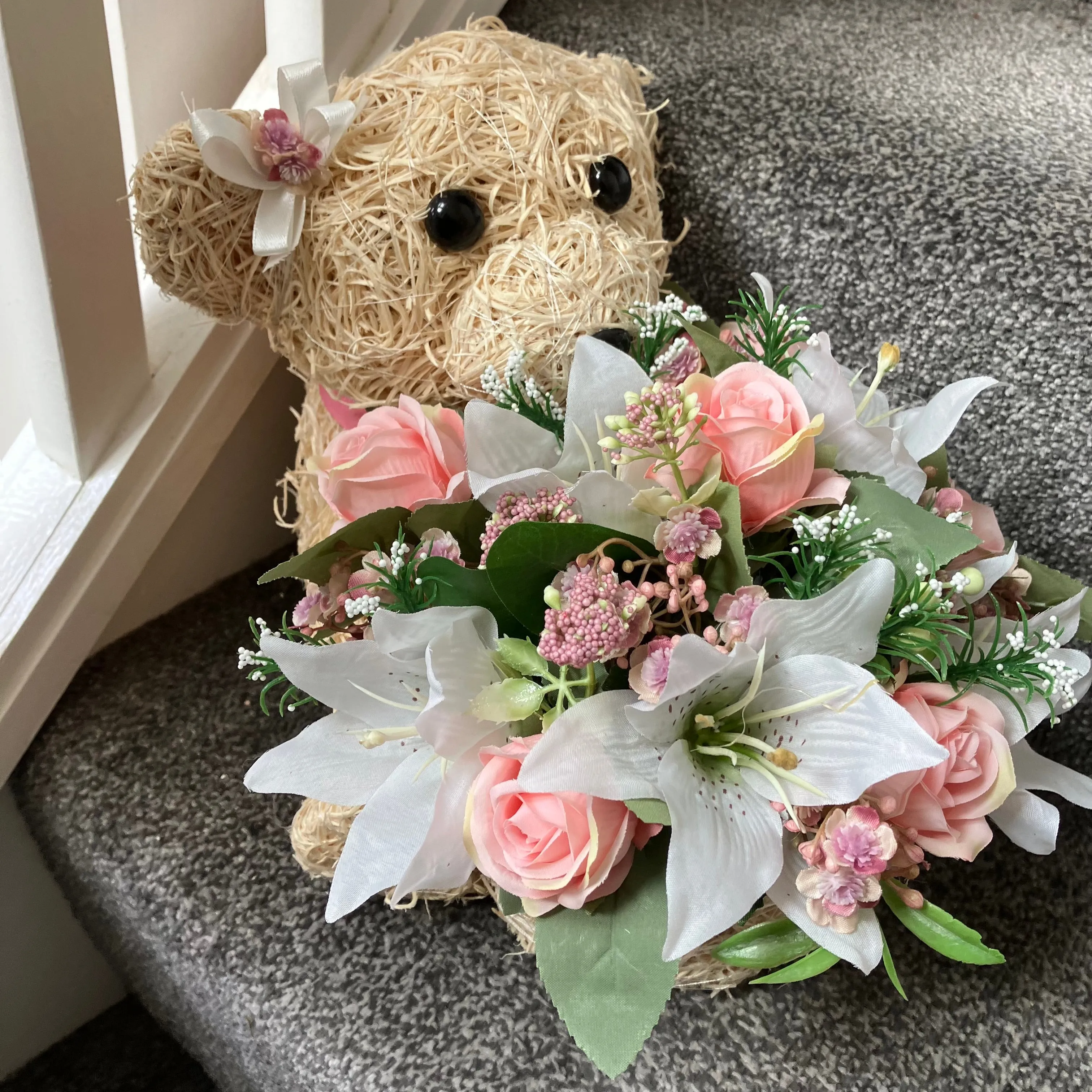 Child graveside memorial teddy with pink or blue rose flowers