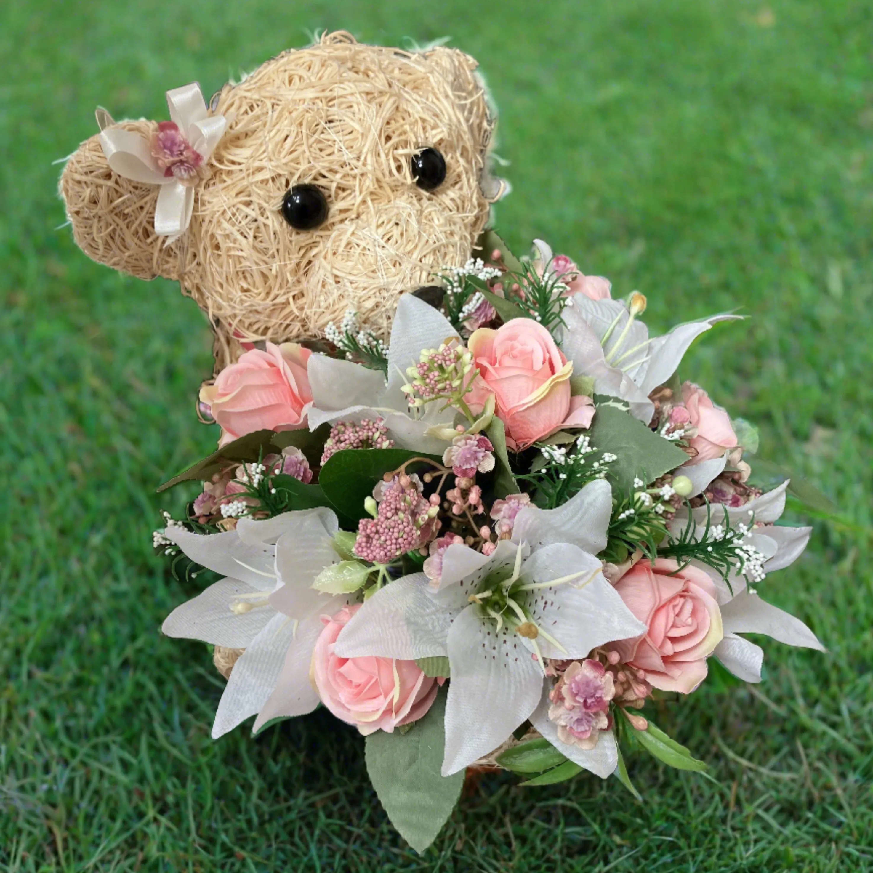 Child graveside memorial teddy with pink or blue rose flowers