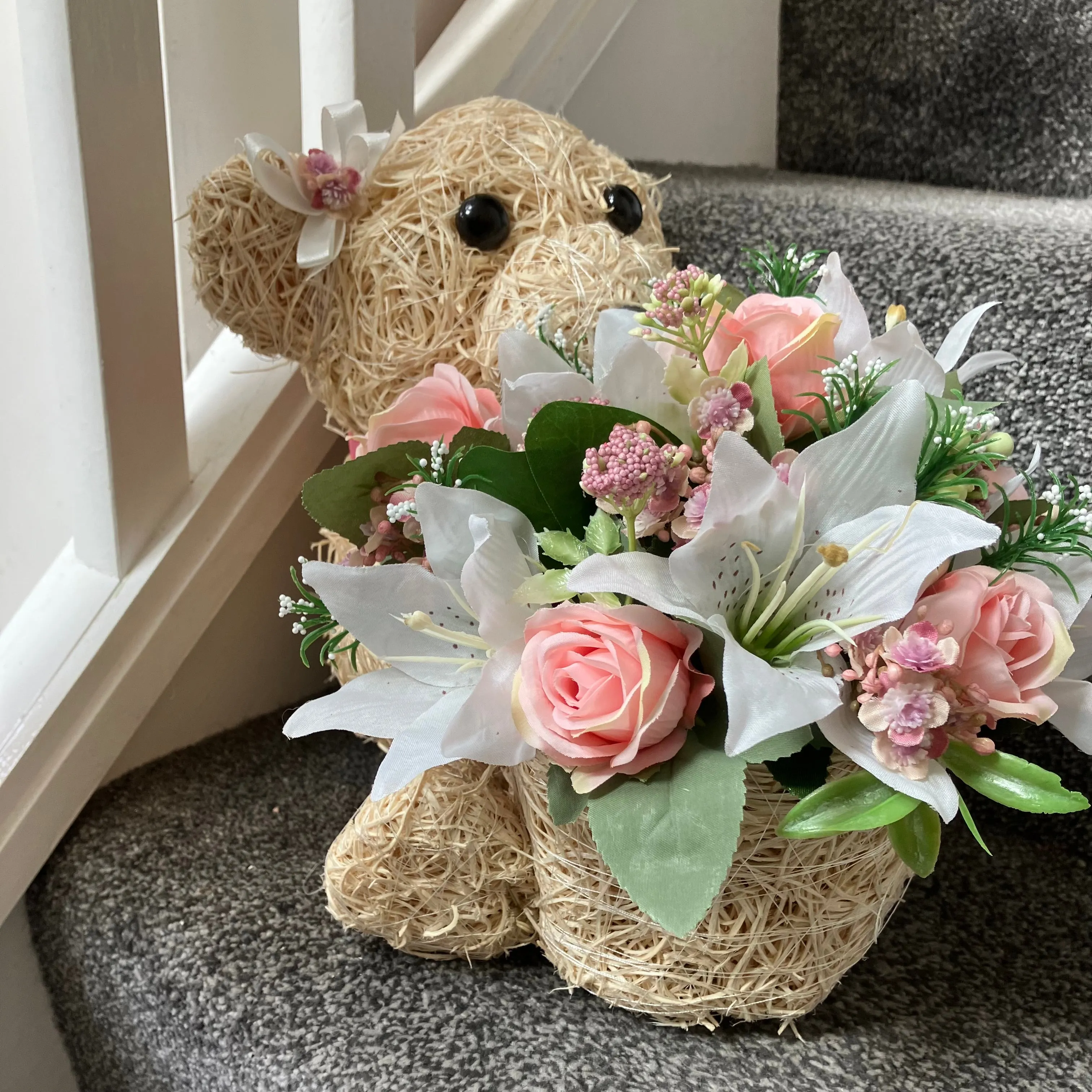 Child graveside memorial teddy with pink or blue rose flowers