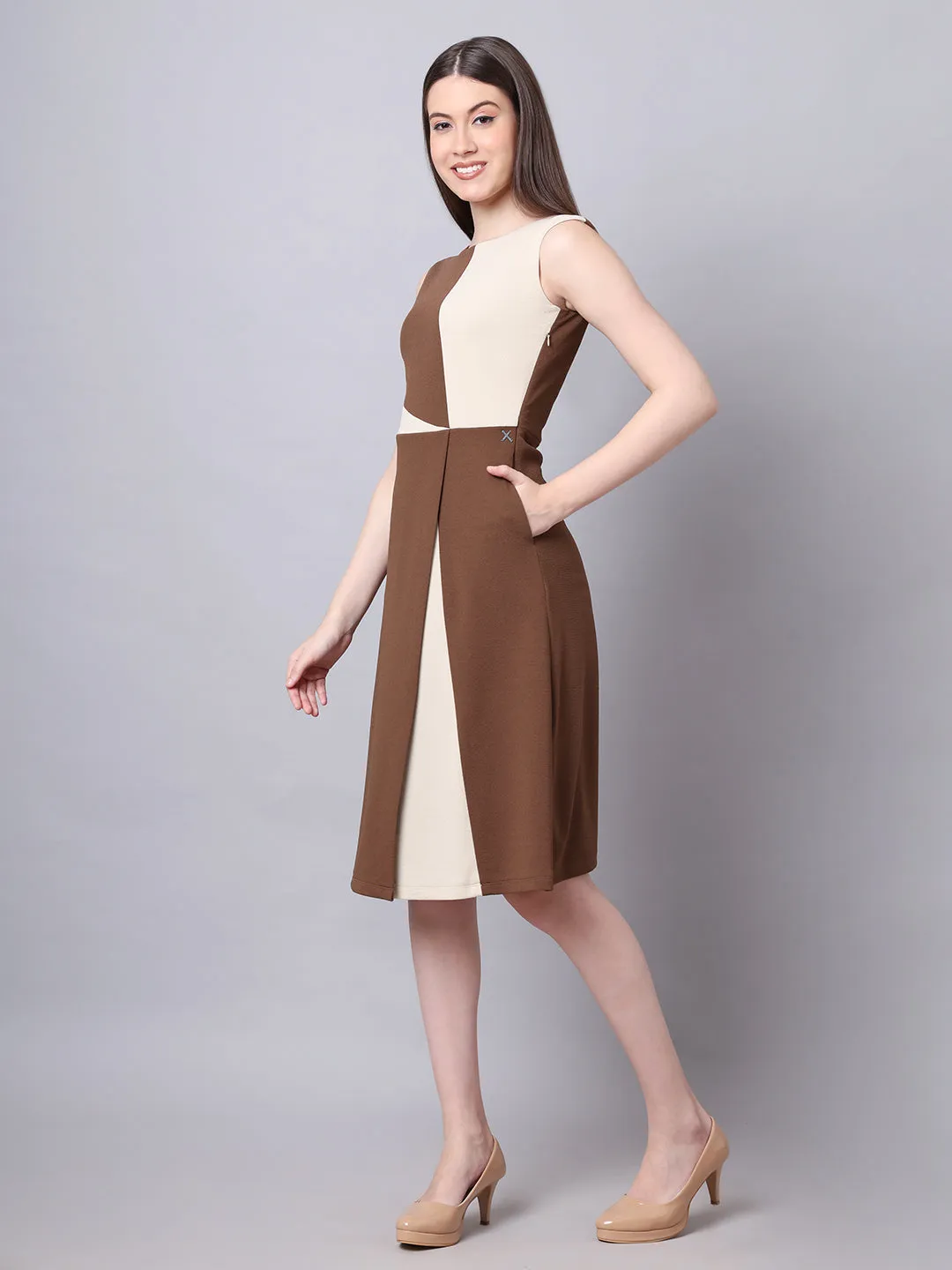 Coffee Brown Blended Vibrant Versatility Block A-Line Dress