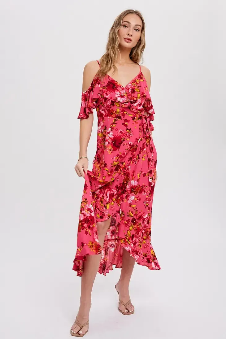 Cold Shoulder Ruffled Wrap Dress