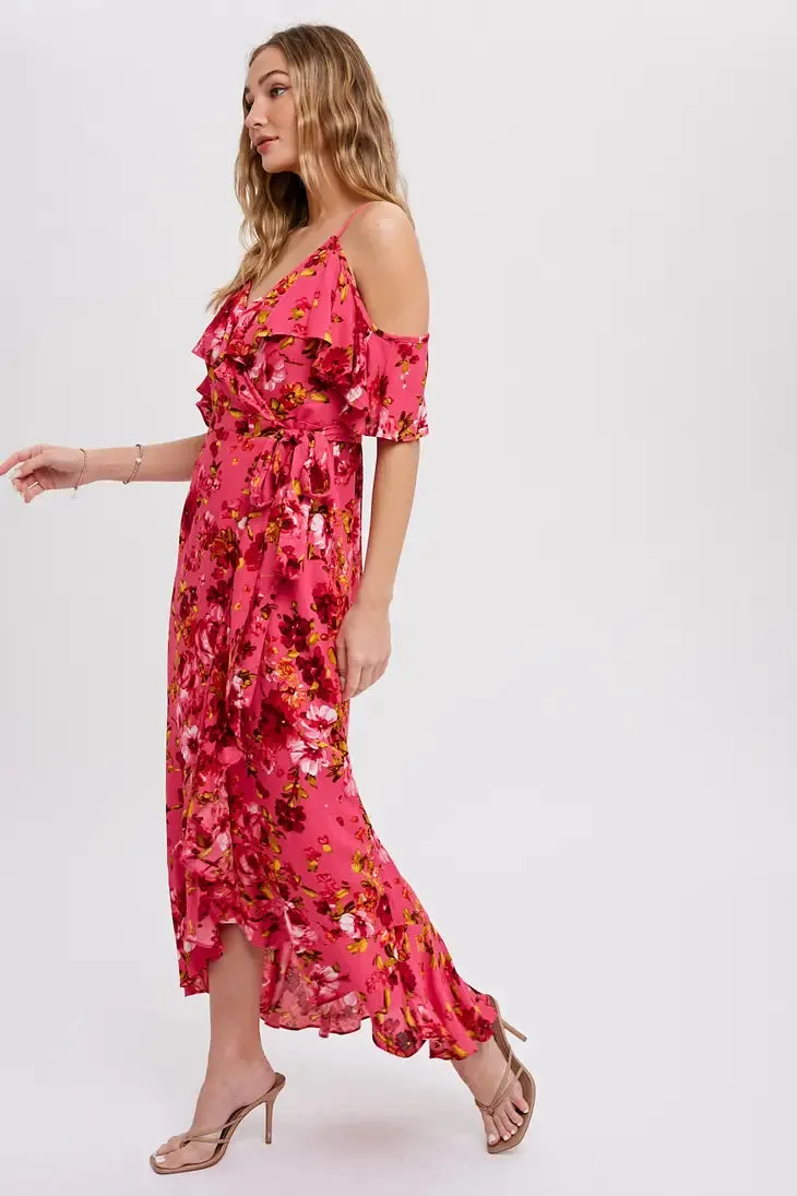 Cold Shoulder Ruffled Wrap Dress