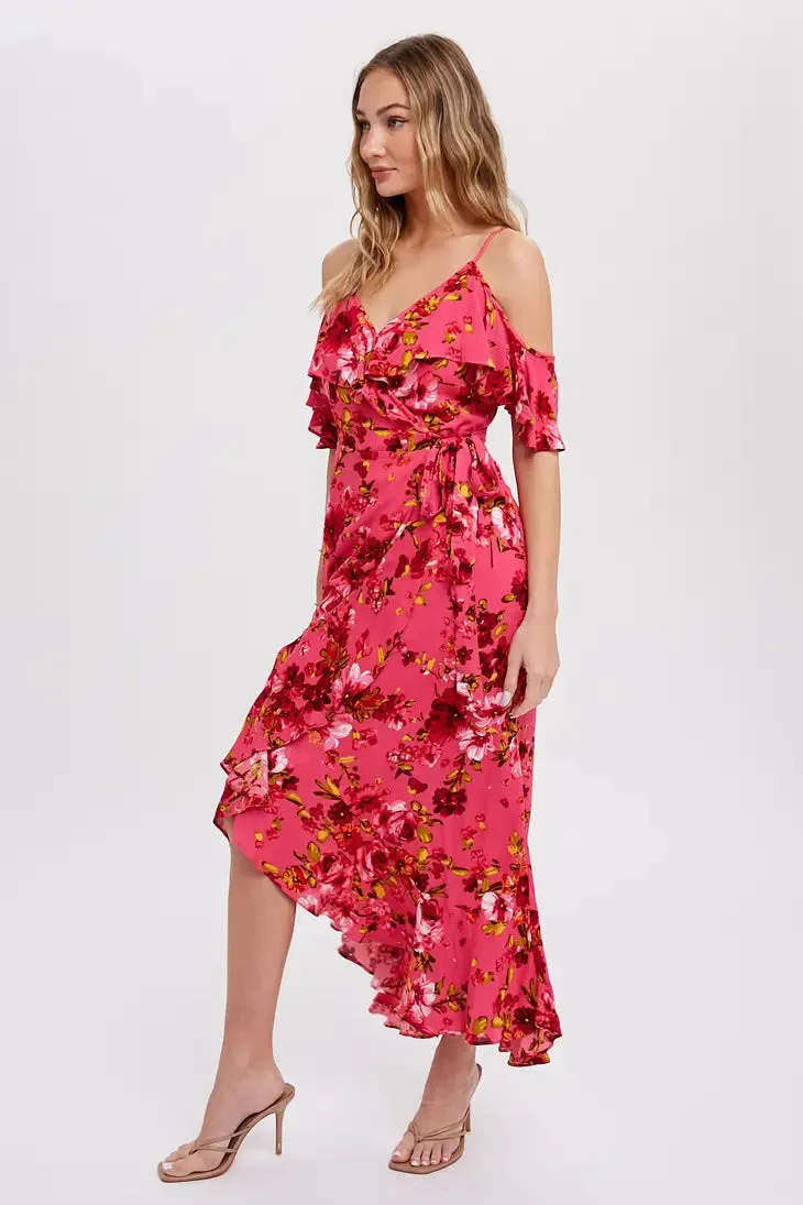 Cold Shoulder Ruffled Wrap Dress