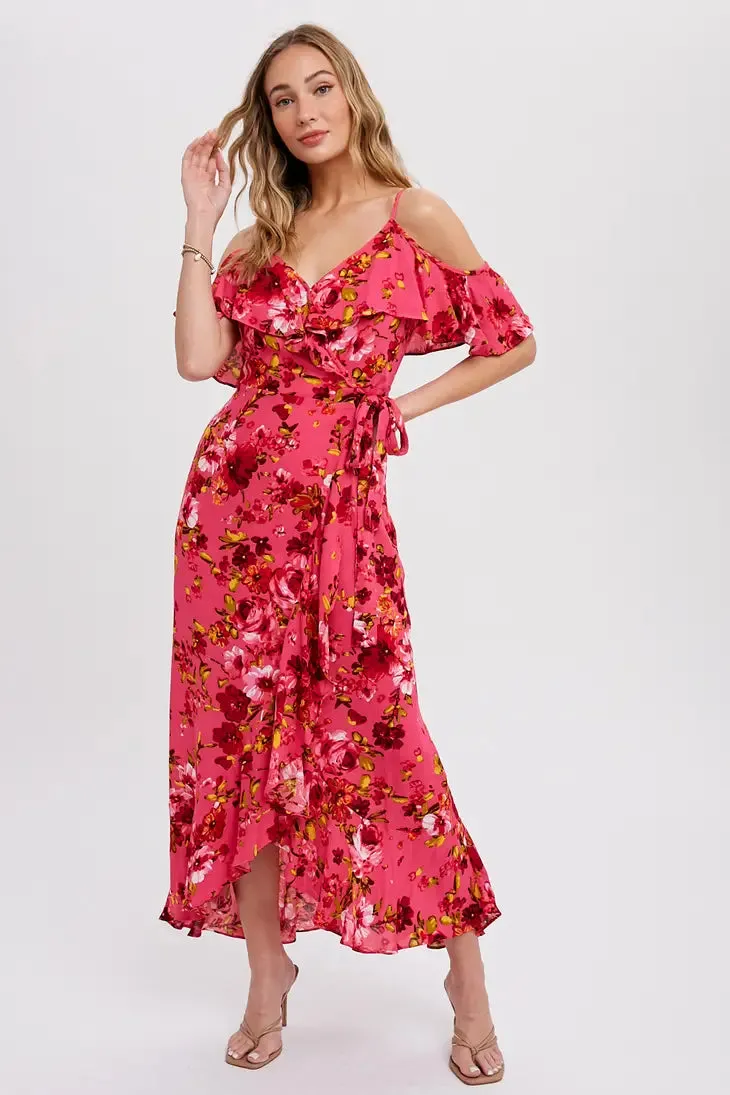 Cold Shoulder Ruffled Wrap Dress