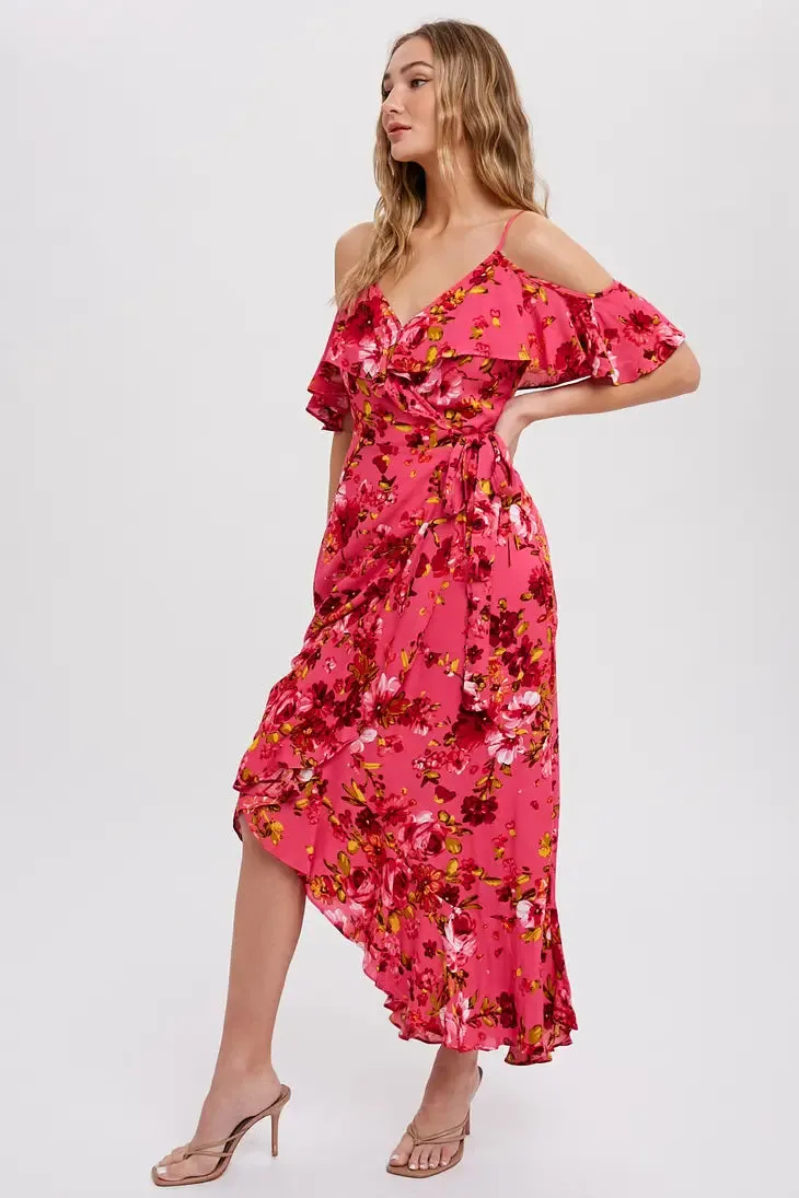 Cold Shoulder Ruffled Wrap Dress