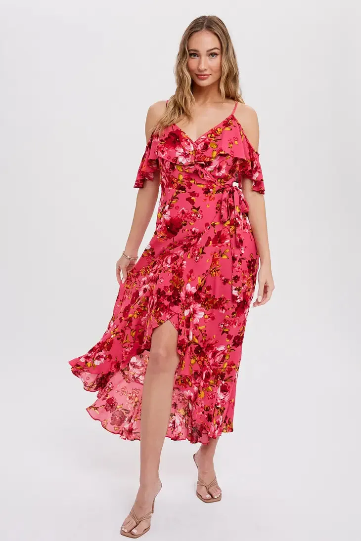 Cold Shoulder Ruffled Wrap Dress