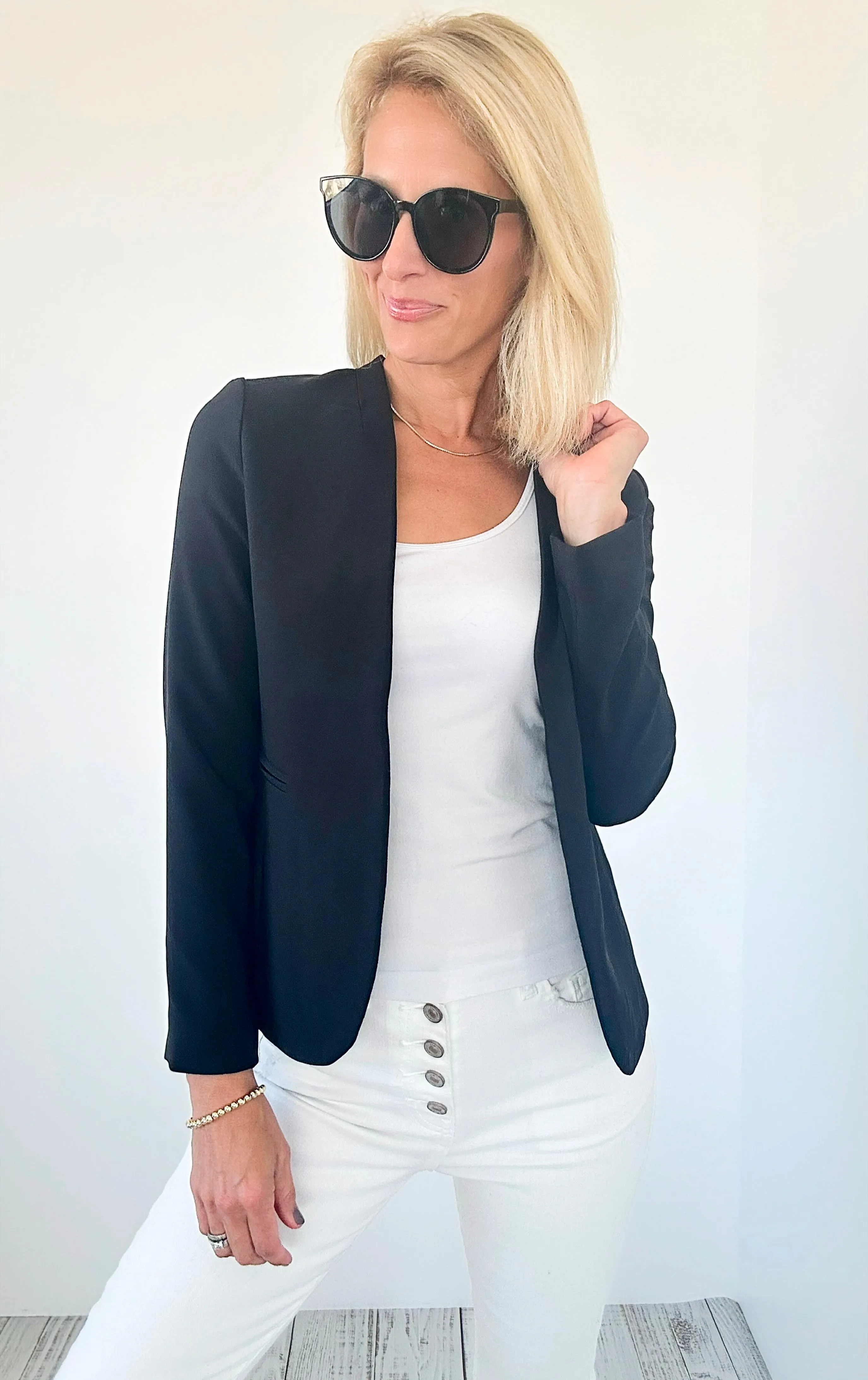 Collarless Open Front Blazer - Black