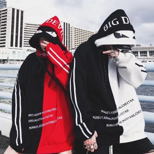 Couples Y2K Harajuku Chinese Streetwear oversize Colourblock Couples Matching Fleece Pullover Drawstring Hoodie