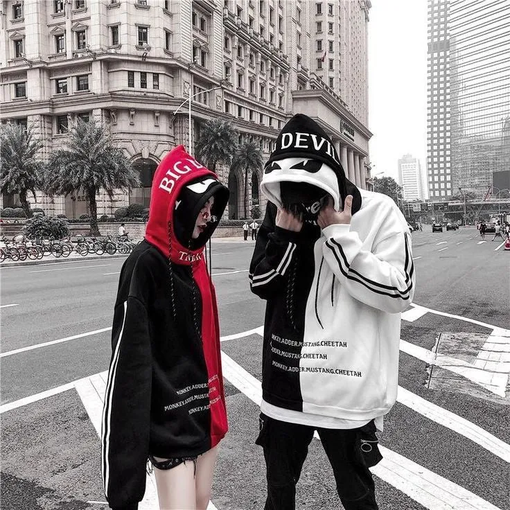 Couples Y2K Harajuku Chinese Streetwear oversize Colourblock Couples Matching Fleece Pullover Drawstring Hoodie