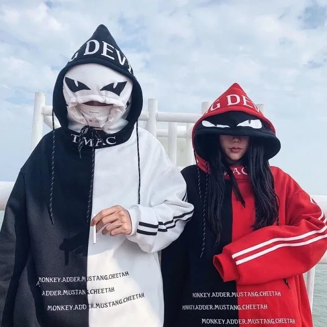 Couples Y2K Harajuku Chinese Streetwear oversize Colourblock Couples Matching Fleece Pullover Drawstring Hoodie