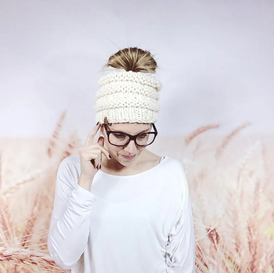 Cream Messy Bun Beanie Hat for Women, Knitted Open Top Ponytail Beanie