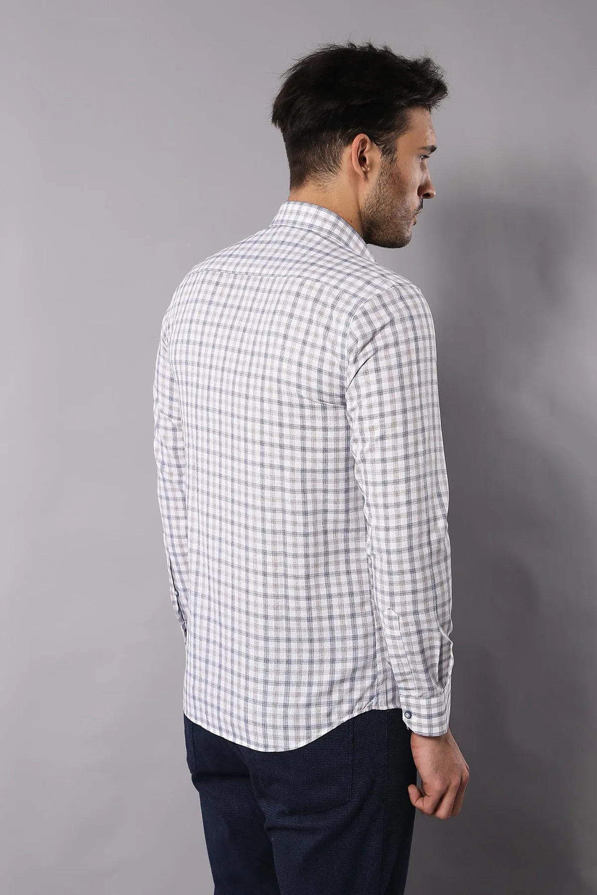 Cream Slim Fit Check Men's Shirt - Wessi