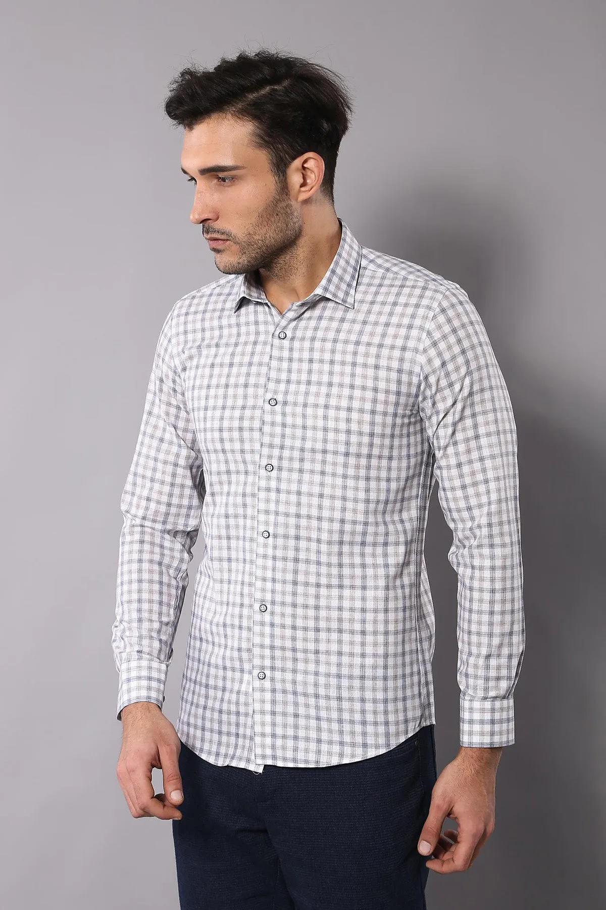 Cream Slim Fit Check Men's Shirt - Wessi