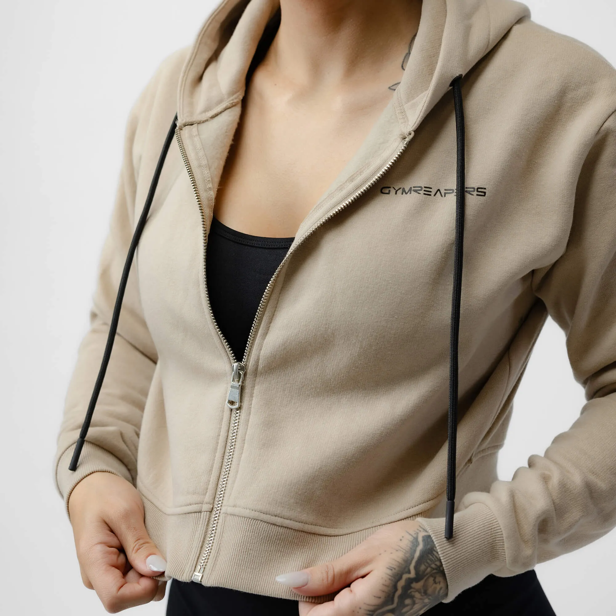 Cropped Zip-Up Hoodie - Tan