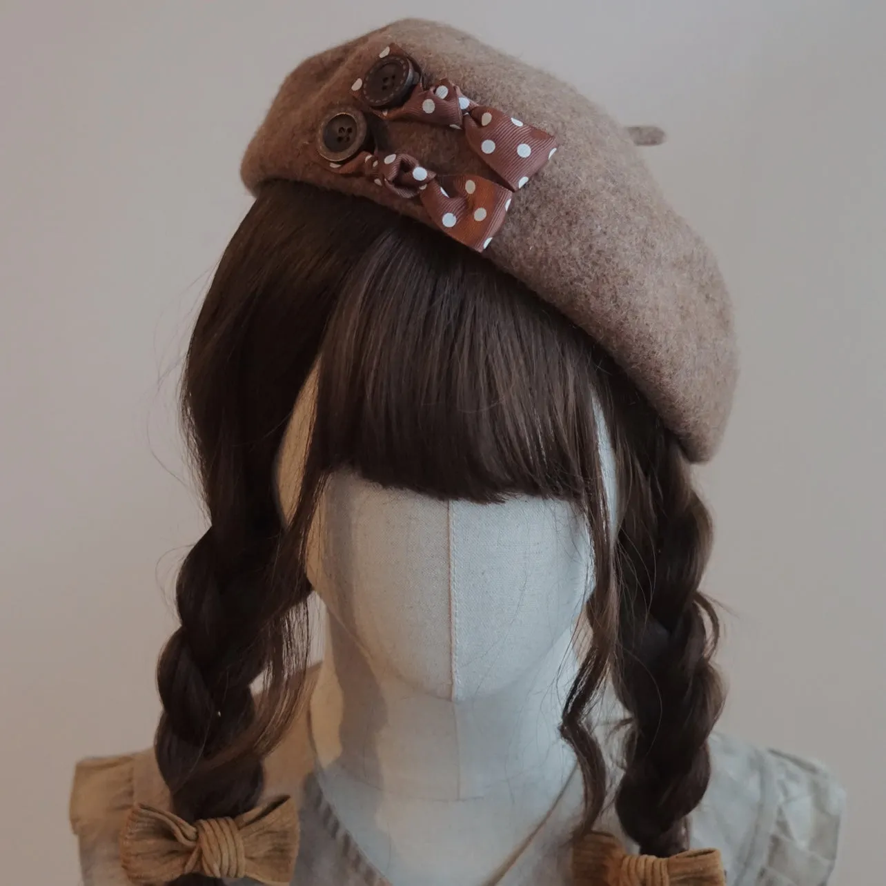 Cute Autumn Fall Handmade Original Knit Bow Brown Houndstooth Beret Hats