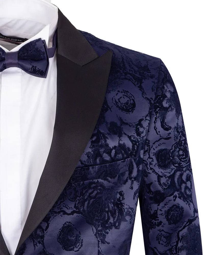 Dark Blue Floral Flock Design Blazer with Contrasting Lapel & Matching Bow Tie