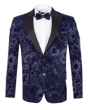 Dark Blue Floral Flock Design Blazer with Contrasting Lapel & Matching Bow Tie