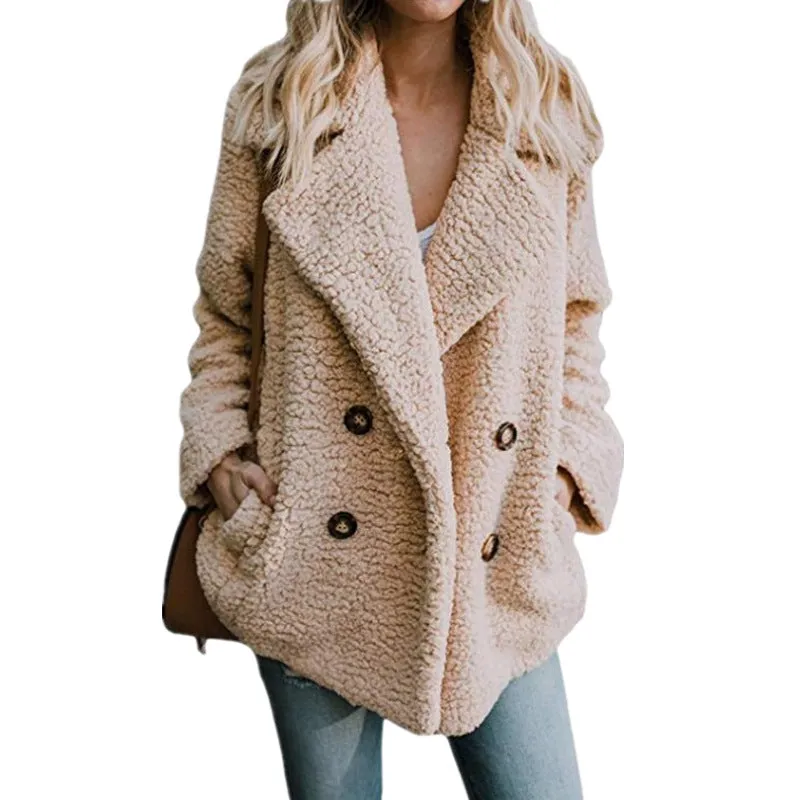 Double Breast Lapel Solid Color Women Teddy Coat Peacoat