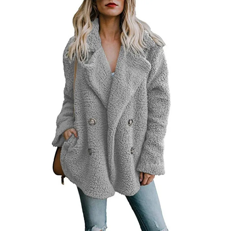 Double Breast Lapel Solid Color Women Teddy Coat Peacoat