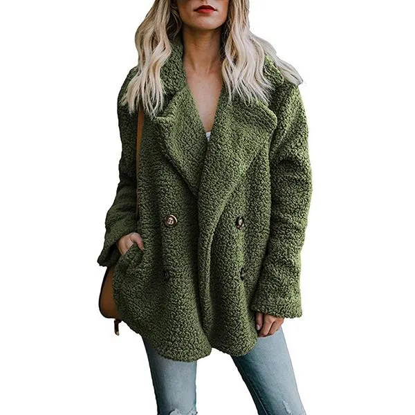 Double Breast Lapel Solid Color Women Teddy Coat Peacoat