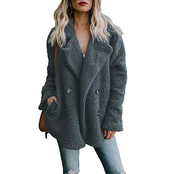 Double Breast Lapel Solid Color Women Teddy Coat Peacoat