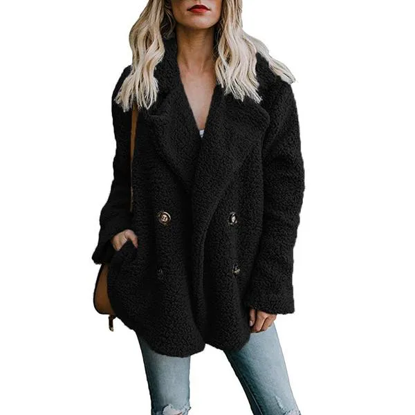 Double Breast Lapel Solid Color Women Teddy Coat Peacoat