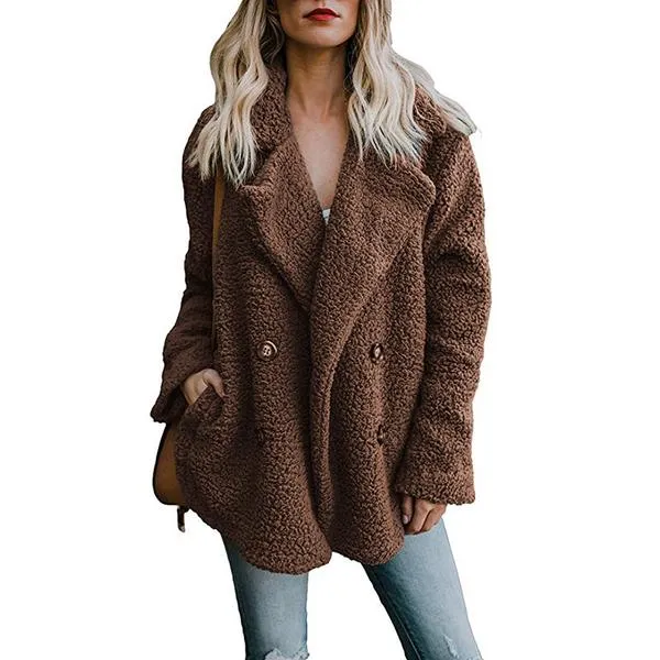 Double Breast Lapel Solid Color Women Teddy Coat Peacoat