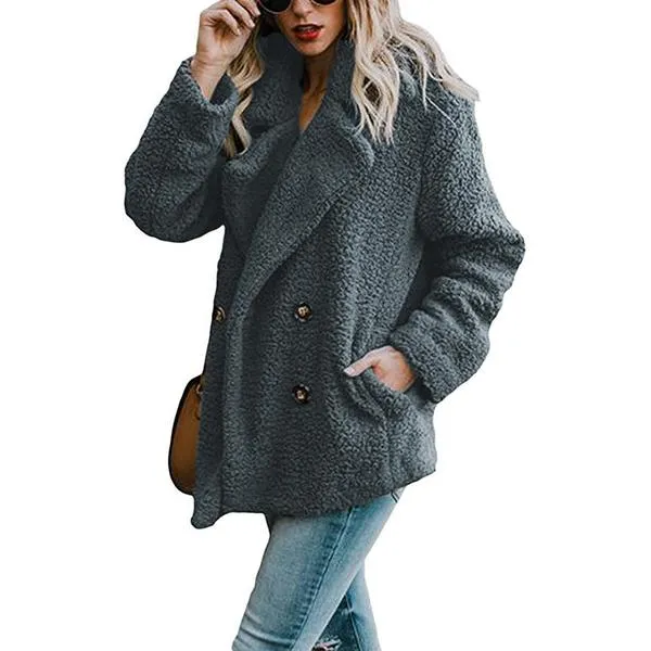 Double Breast Lapel Solid Color Women Teddy Coat Peacoat