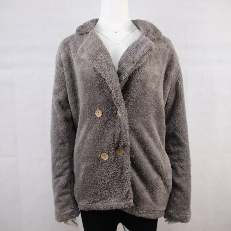 Double Breast Lapel Solid Color Women Teddy Coat Peacoat