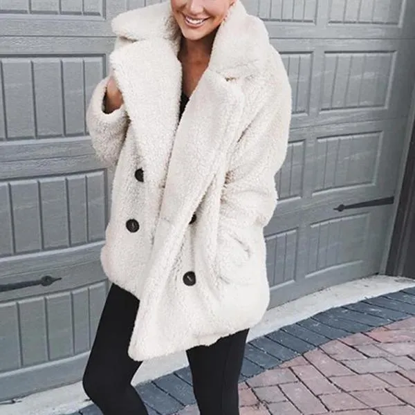 Double Breast Lapel Solid Color Women Teddy Coat Peacoat