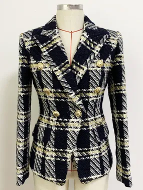 Double Breasted Plaid Wool Tweed Blazer