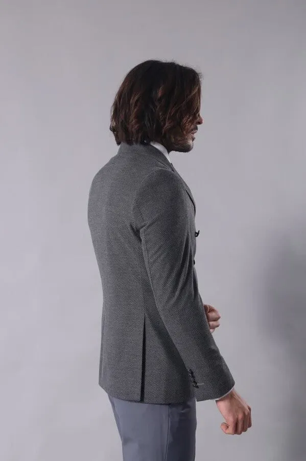 Double Breasted Slim Fit Grey Blazer - Wessi