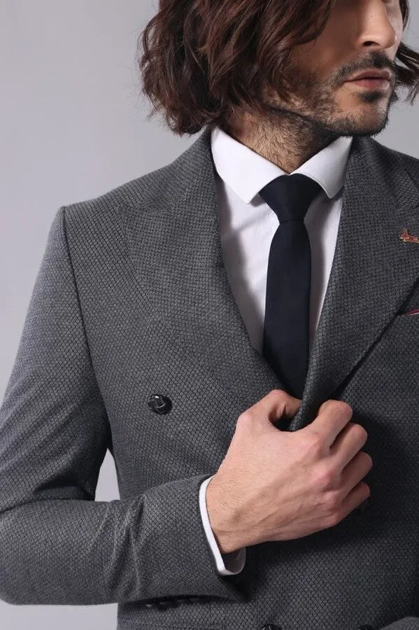 Double Breasted Slim Fit Grey Blazer - Wessi