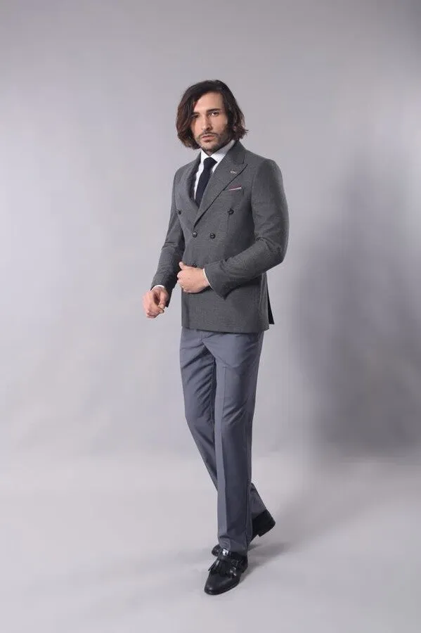 Double Breasted Slim Fit Grey Blazer - Wessi