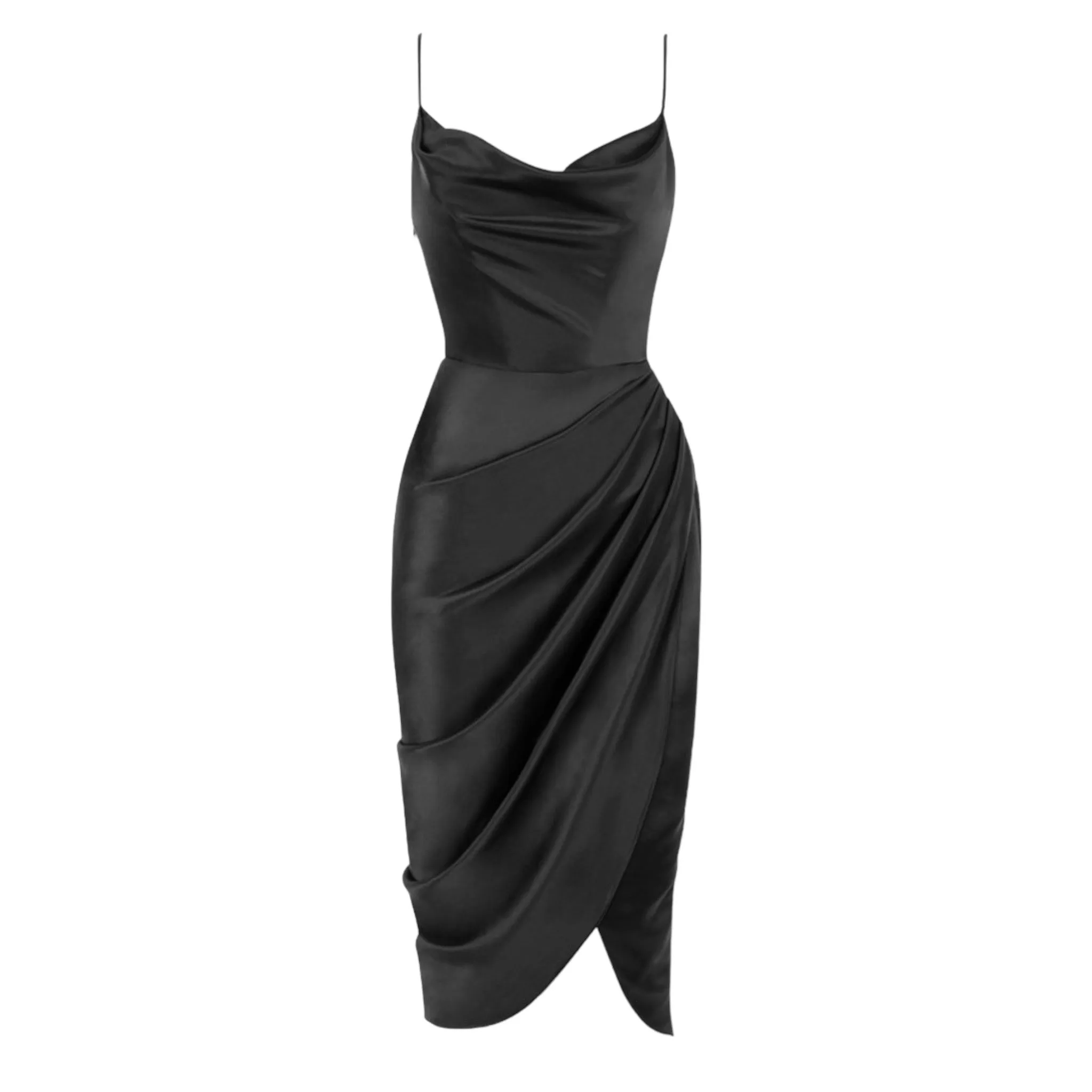 Draped Collar Wrap Ruched Satin Cami Dress