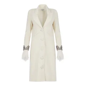 Feather and Crystal'd Wool Coat Cream