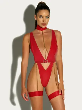 Fetish Harness Haven Plunge Teddy - RED