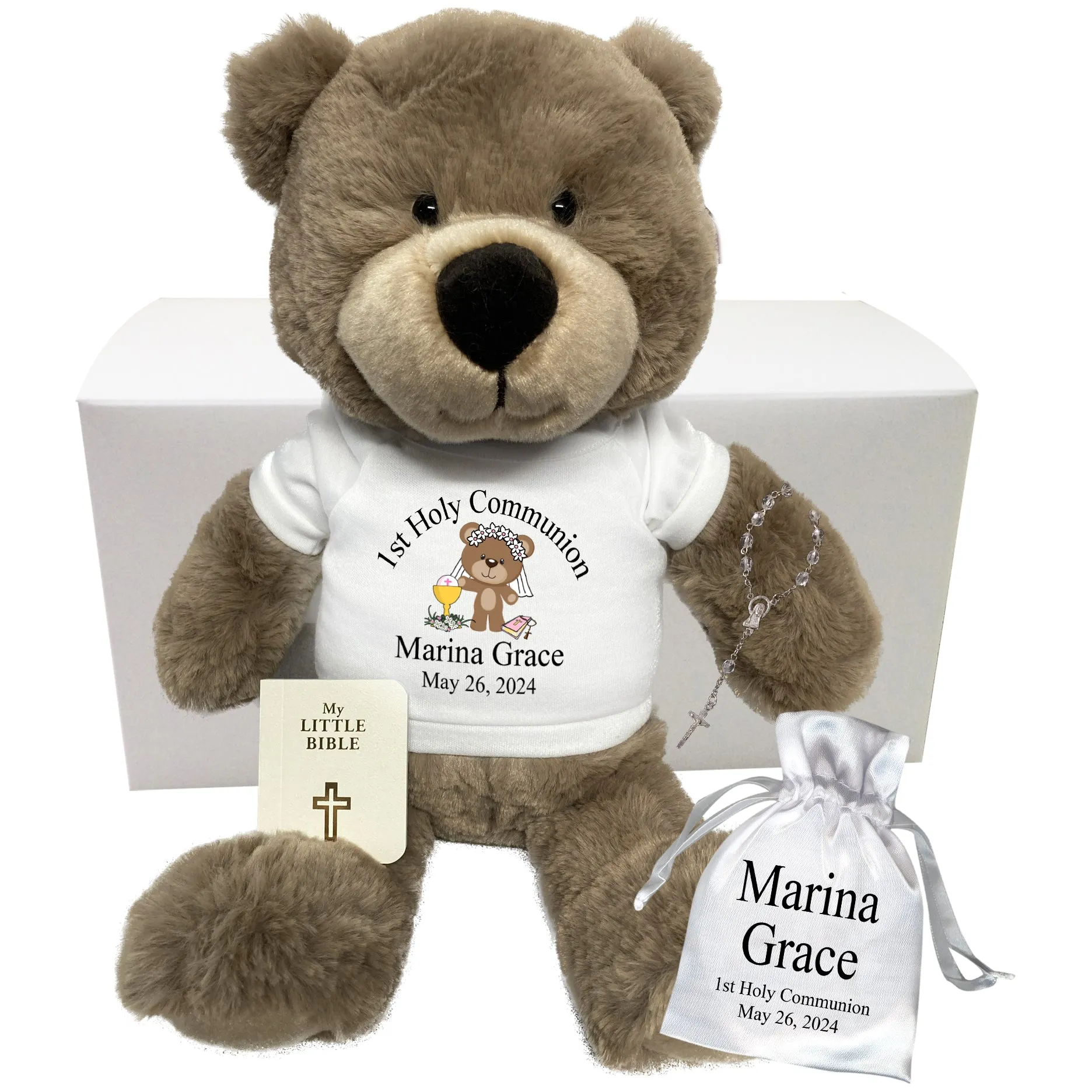 First Communion Teddy Bear Gift Set - Personalized 14" Taupe Bear