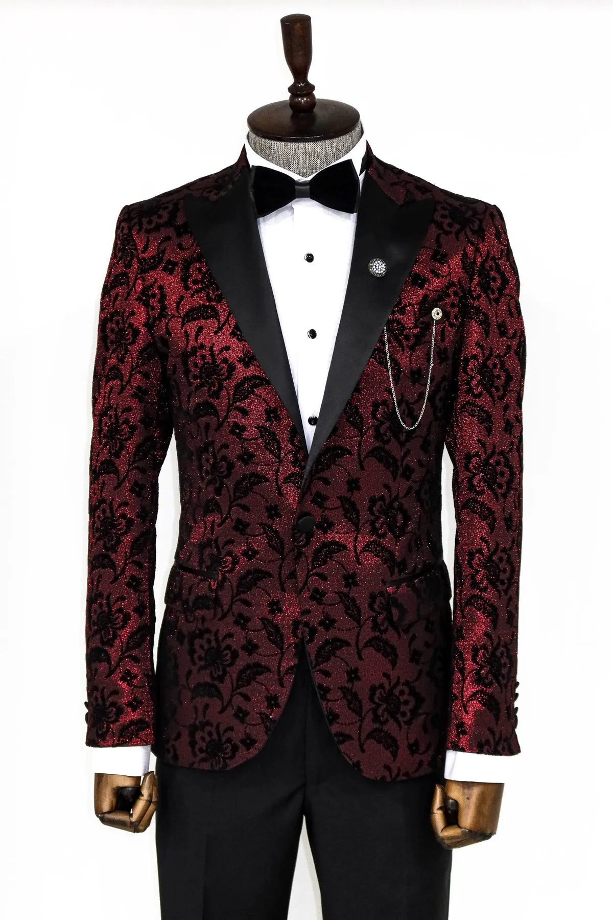 Floral Patterned Peak Lapel Burgundy Men Party Blazer - Wessi